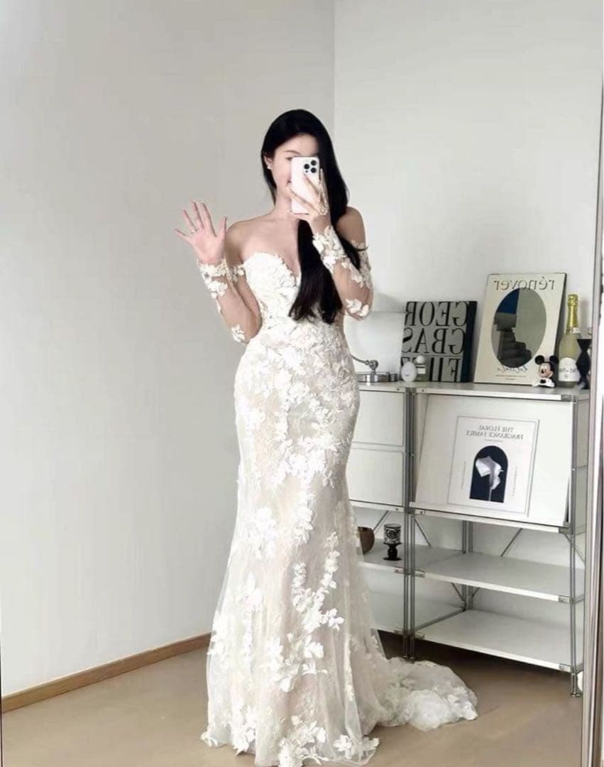 オフショルダーアイボリーマーメイドウェディングドレス