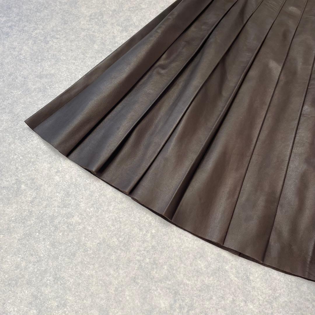 上質 バーバリー ロンドン ラムレザー プリーツスカート ダークブラウン UK6