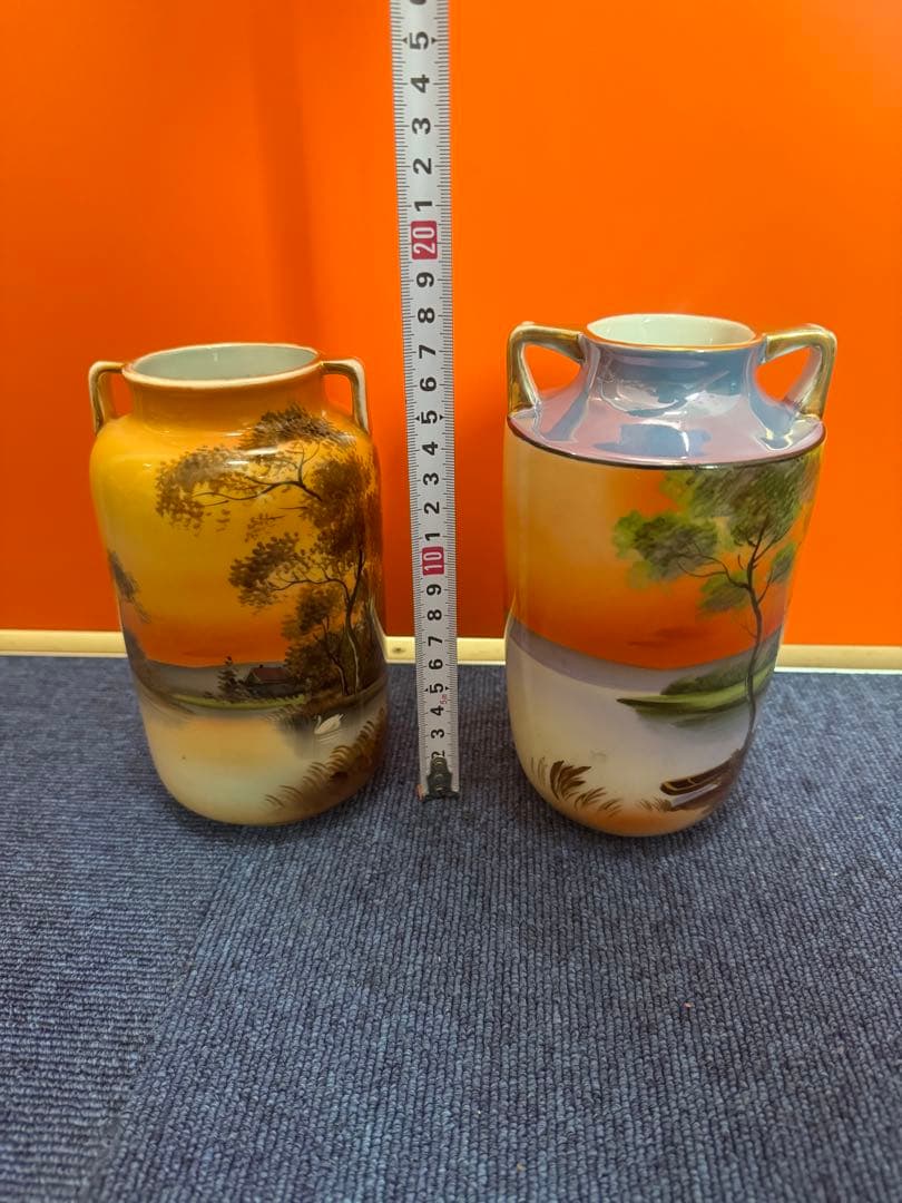 1843  オールドノリタケ　双耳風景図　花瓶   2客　時代物