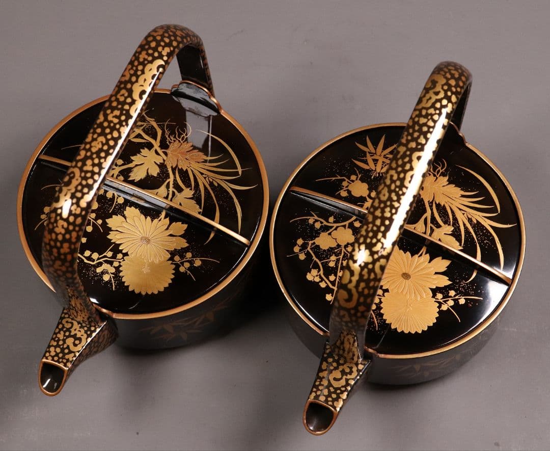 時代 四君子蒔絵 銚子 一対 天然木 草花 金蒔絵 黒塗 木製漆器【MA409】