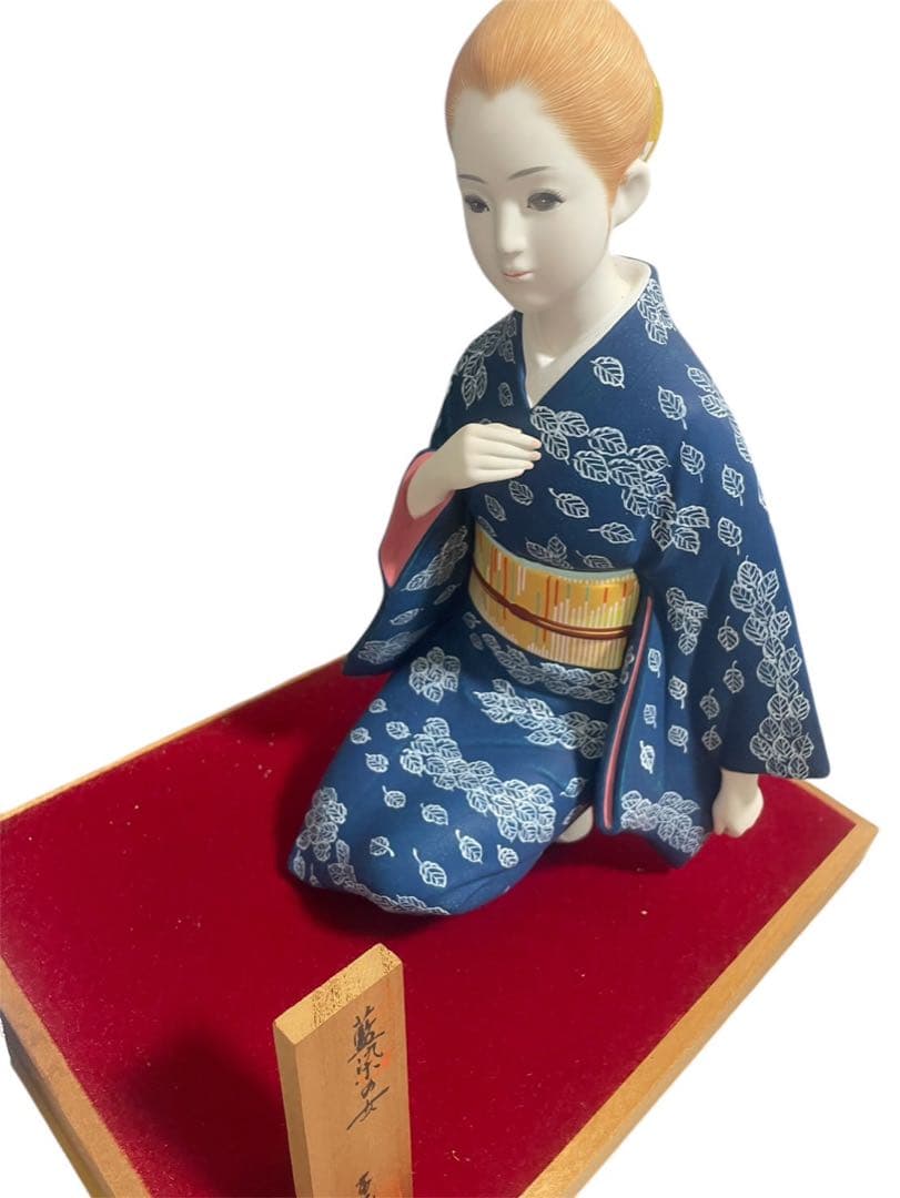 【美品】博多人形 西邑作「藍染の女」ガラスケース・木札付き 伝統工芸品 置物