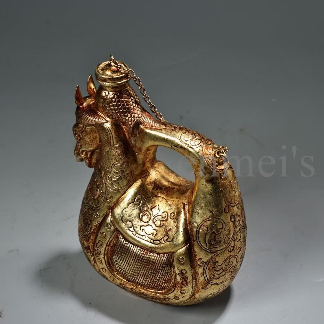 中国古美術・珍蔵純銅製・鎏金・酒器・馬壺／馬の頭型水差し・純手作り・茶道具・酒具