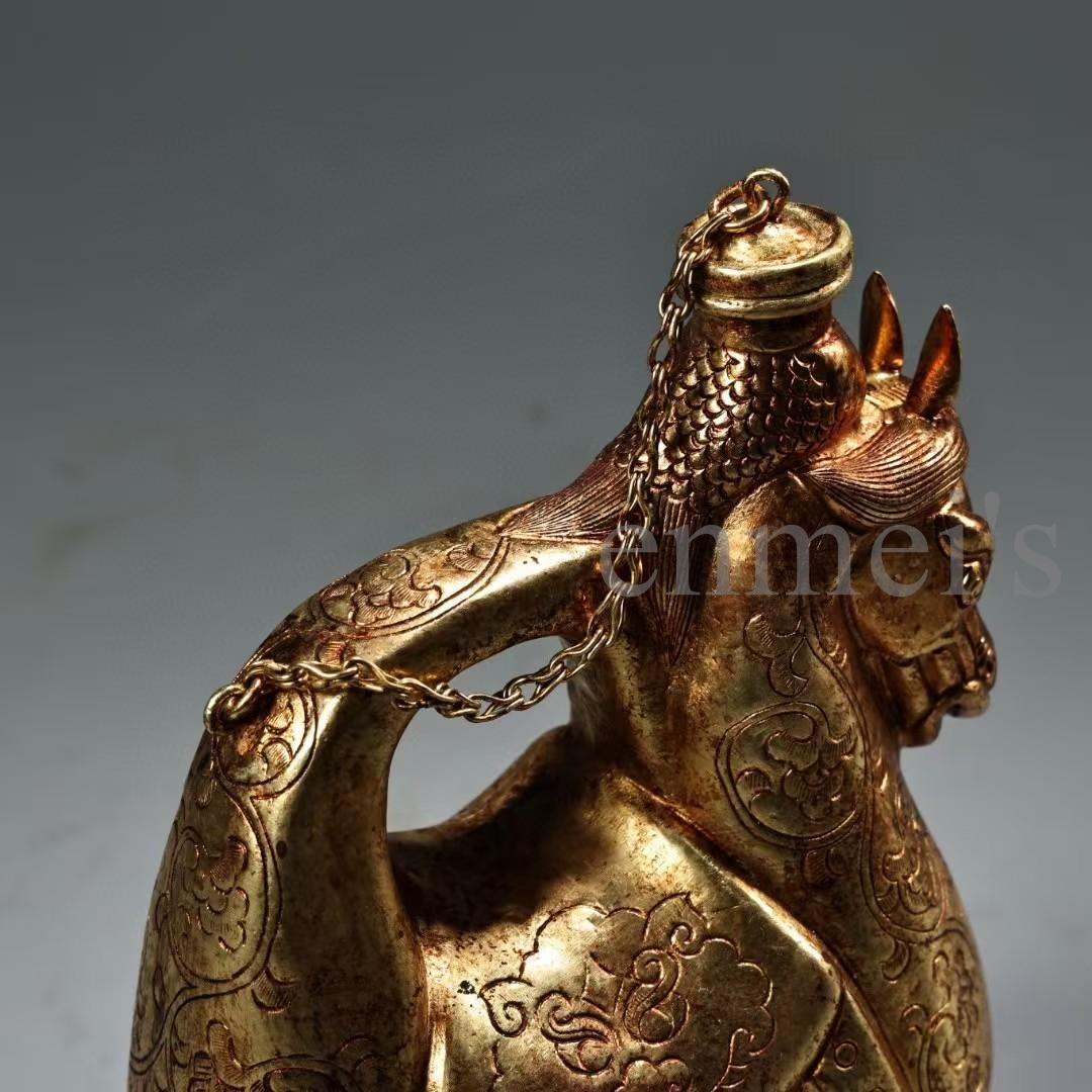 中国古美術・珍蔵純銅製・鎏金・酒器・馬壺／馬の頭型水差し・純手作り・茶道具・酒具