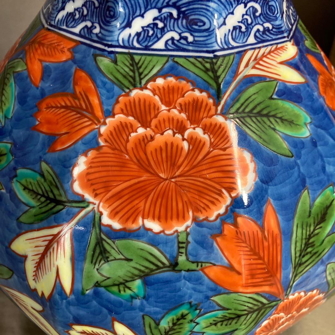 【源右衛門】古伊万里の伝統　日本の名窯　舘林源右衛門作　染錦牡丹絵　瓢形大花瓶