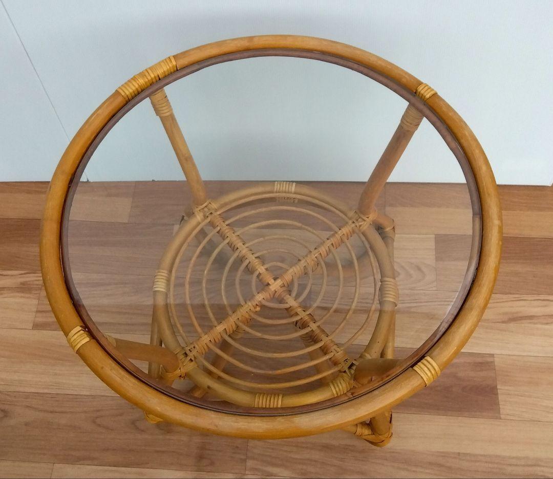 昭和レトロ ヴィンテージ ラタン　ガラステーブル　台湾製籐家具