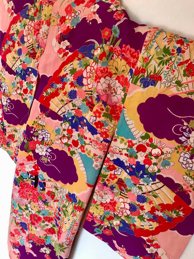 正絹 アンティーク着物 女の子 七五三 ◇花車 扇 雲取り 古典柄