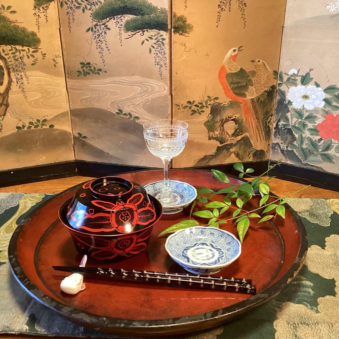 A1055 木製輪島塗　吉野椀　芙蓉紋様　吸い物椀　5客