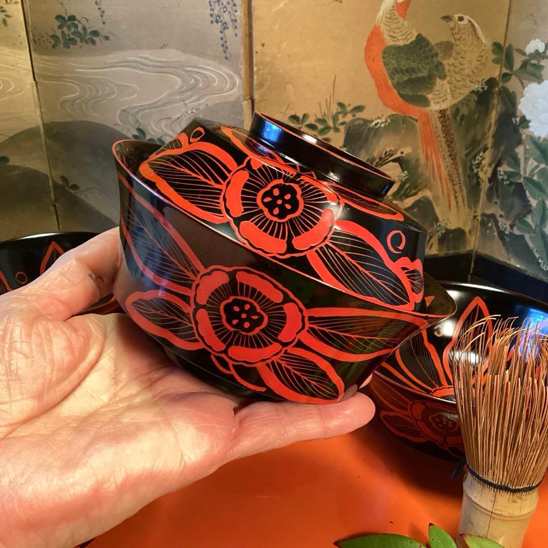 A1055 木製輪島塗　吉野椀　芙蓉紋様　吸い物椀　5客