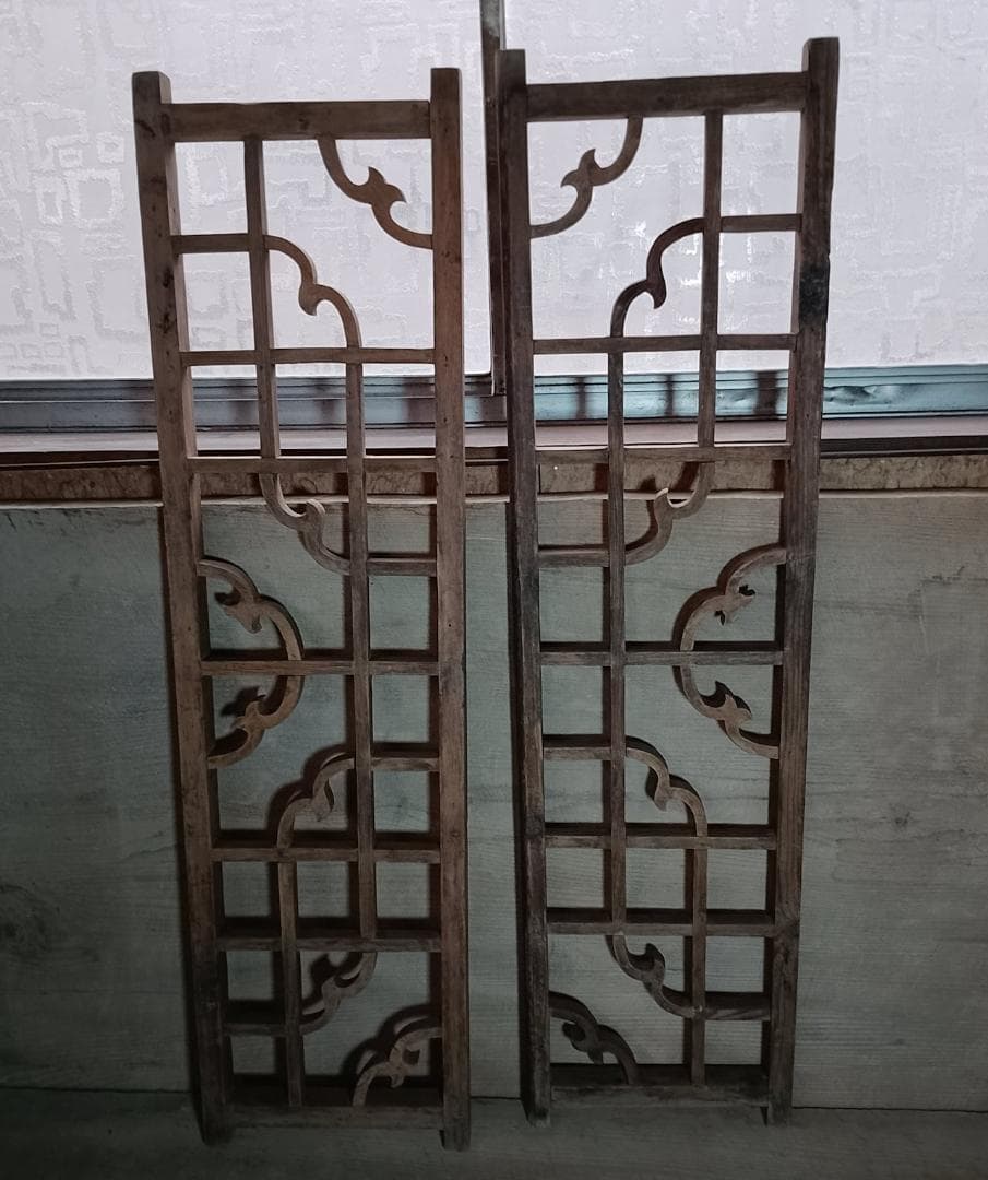 アンティーク 木製 格子 建具 2枚セット 古道具 透かし彫り 雲形 時代家具