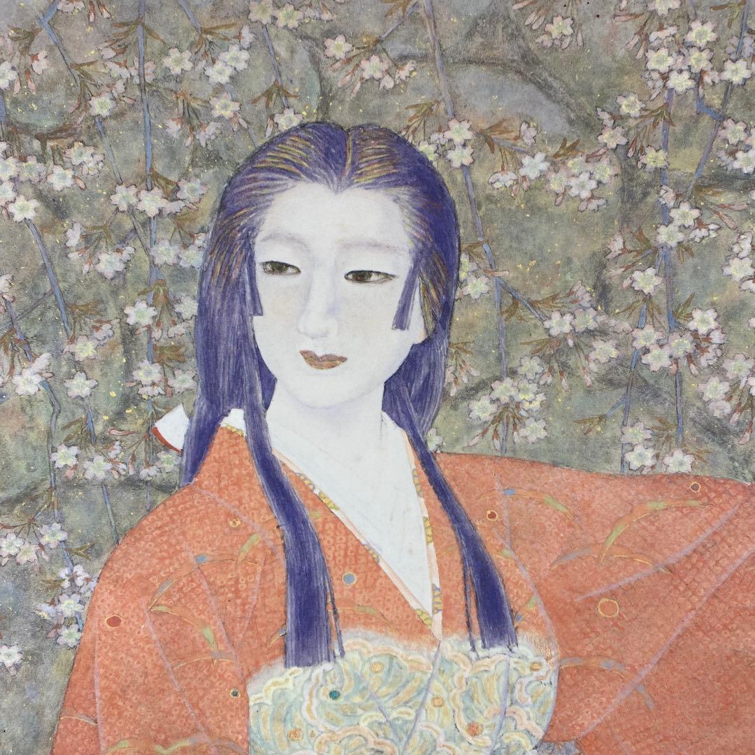 美品 掛け軸 日本画家 白鳥映雪筆「古城惜春」 桜 縁起物 美人画 おもてなし