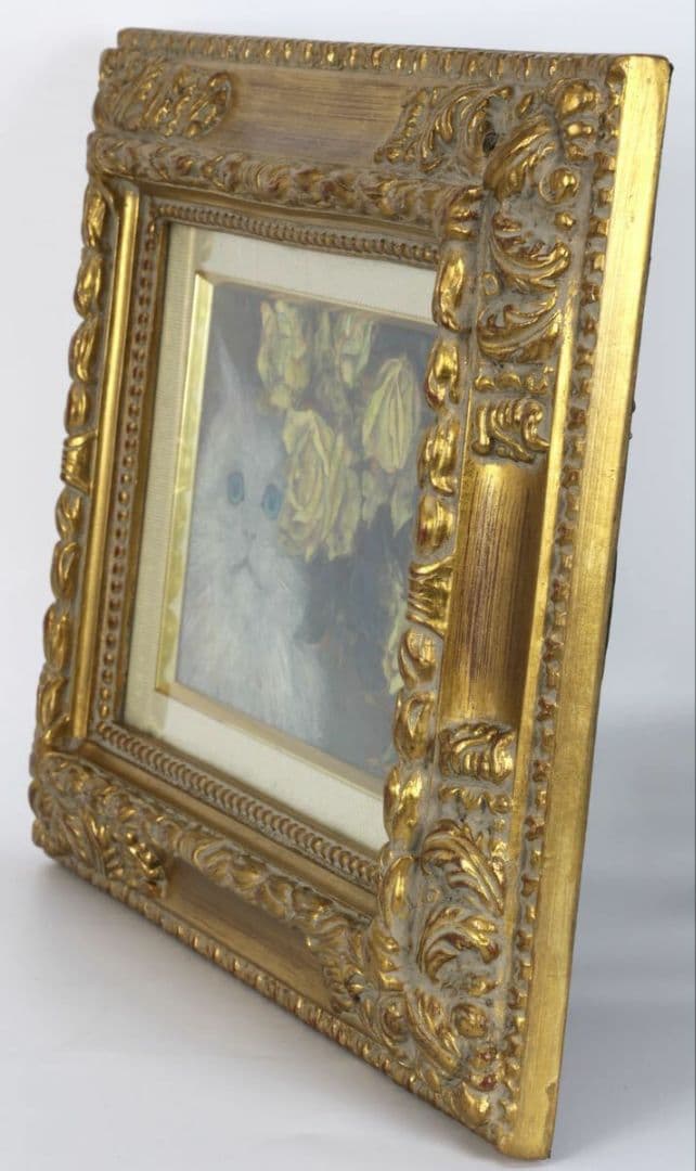 「白猫と黄薔薇」猫 ネコ 動物画 花 黄薔薇 絵画 額装 豪華額縁