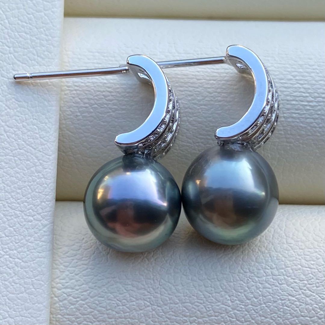 本真珠　南洋黒蝶真珠タヒチパールピアス　9.4mmグリーンP1188