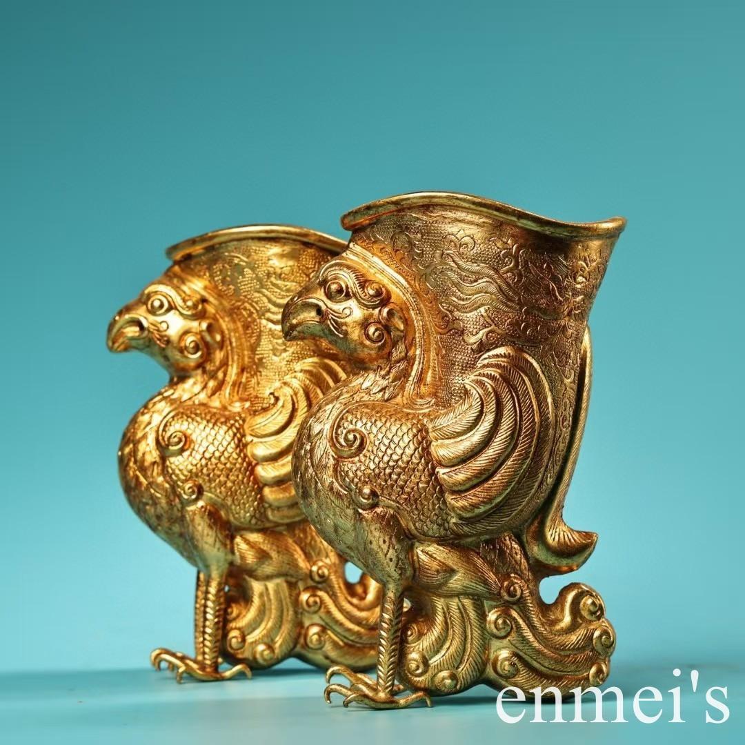 中国古美術・旧蔵高浮彫鏨刻鎏金の鳳凰酒杯セット・純銅制・手作り・酒具・風水開運