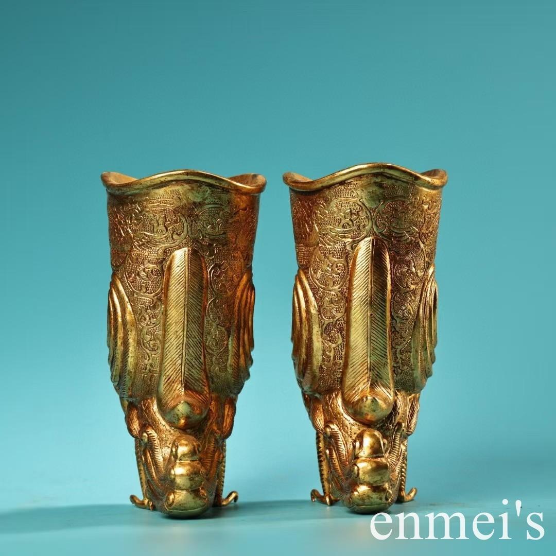 中国古美術・旧蔵高浮彫鏨刻鎏金の鳳凰酒杯セット・純銅制・手作り・酒具・風水開運
