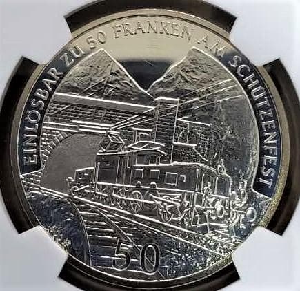 『スイス近代射撃祭ウーリ50フラン銀貨：2001年』【世界二位】PF69