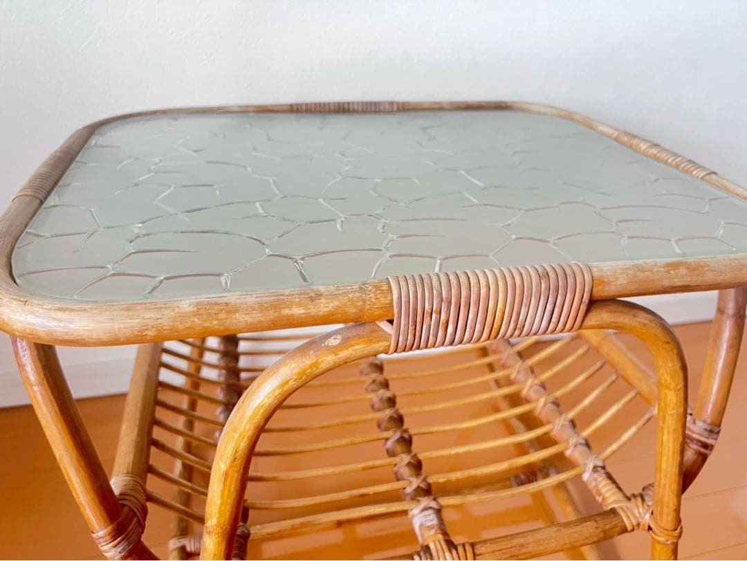 ★最終値下げ★【アンティーク家具】ラタン ガラス天板 サイドテーブル 籐家具