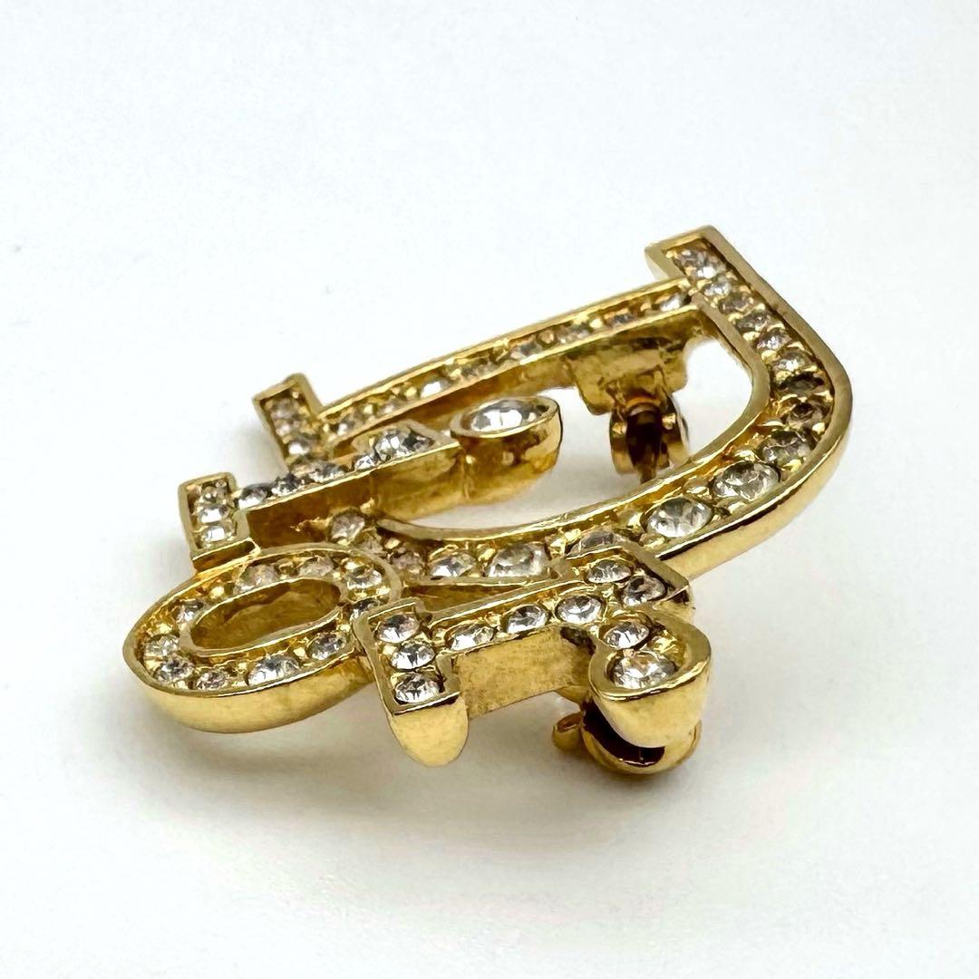 極美品 箱・保証書付 ディオール ロゴブローチ ラインストーン ゴールド