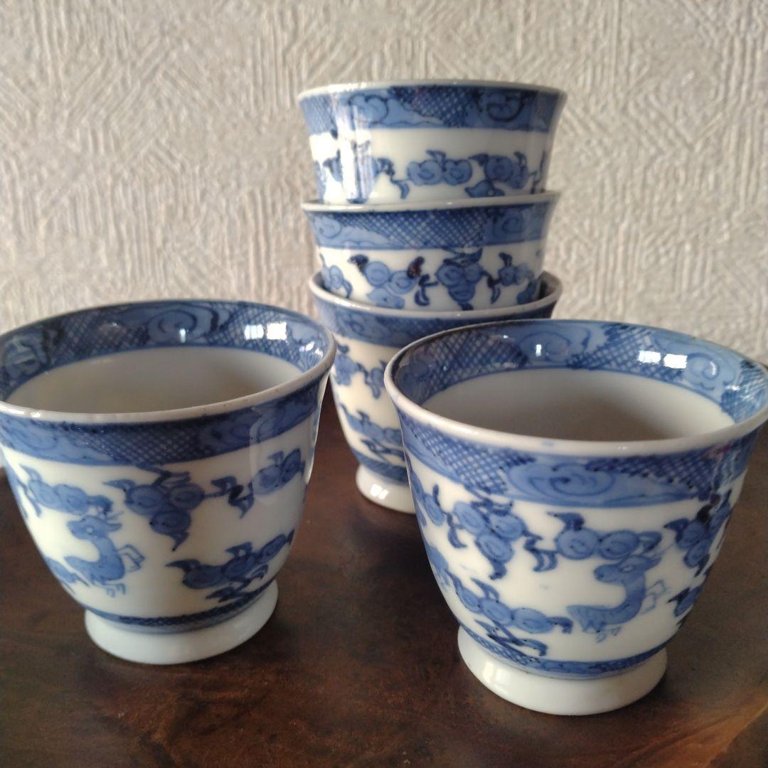 古伊万里染付麒麟文煎茶碗蕎麦猪口五客