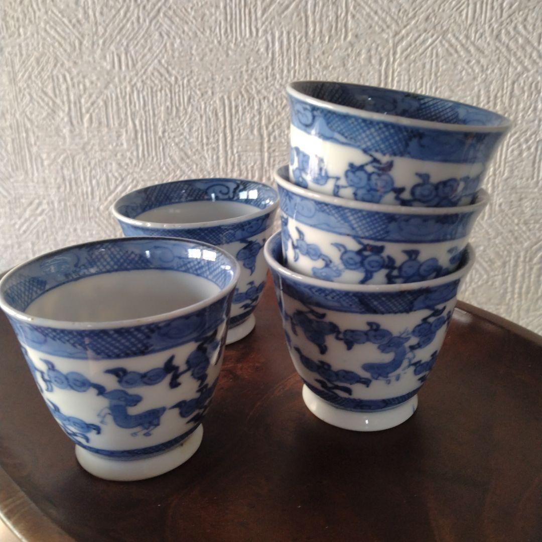 古伊万里染付麒麟文煎茶碗蕎麦猪口五客