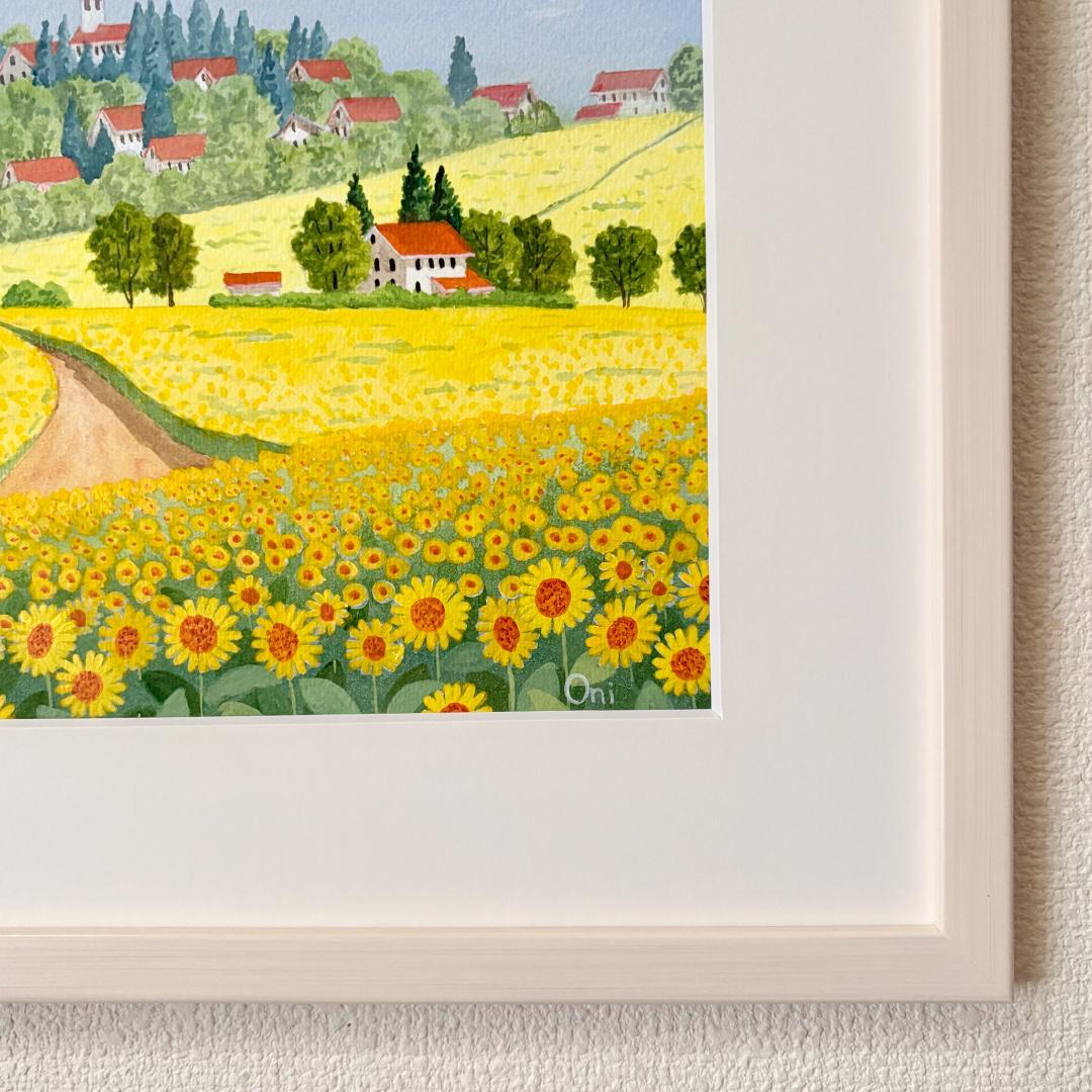 アクリル画　原画　「ひまわりの丘11」額縁付　F4サイズ　風景画