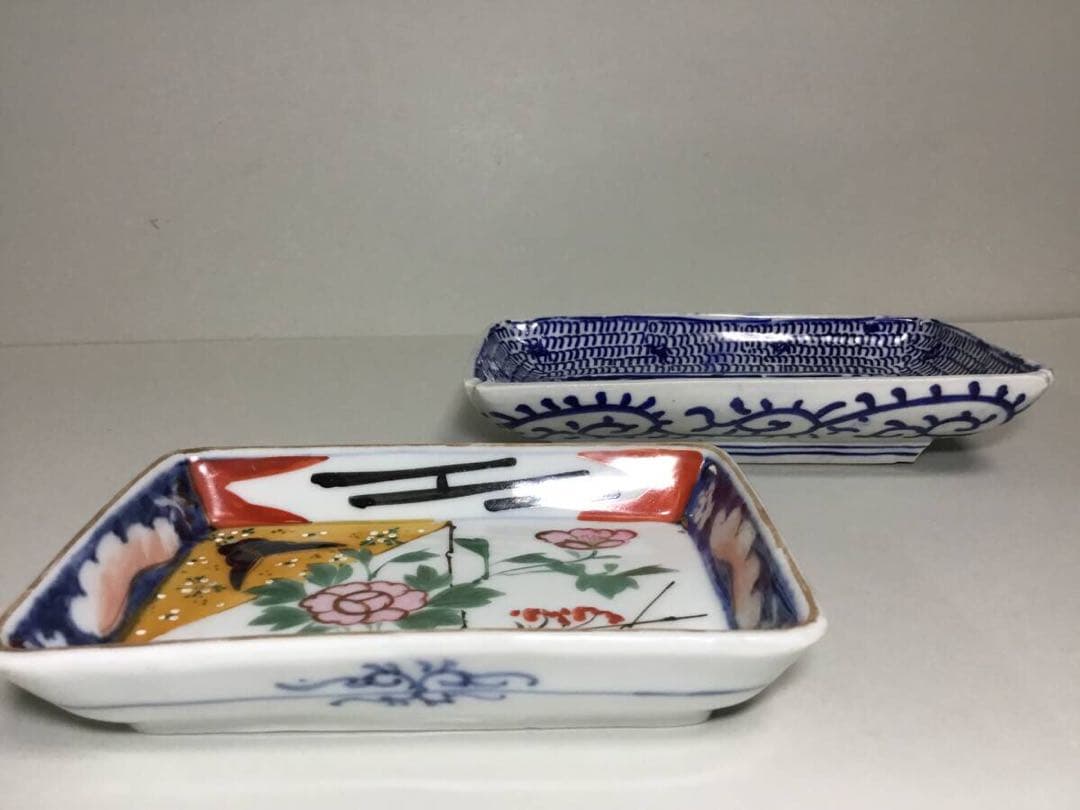 ◆長皿２枚◆色絵 染付 菓子皿 角皿 和食器 大正ロマン 古伊万里