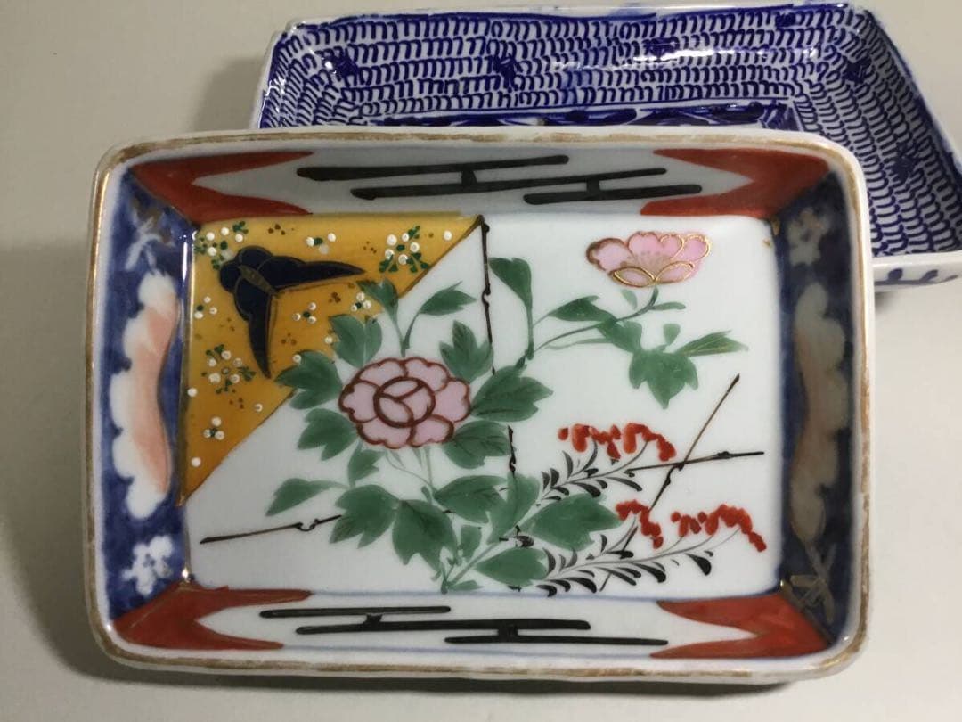 ◆長皿２枚◆色絵 染付 菓子皿 角皿 和食器 大正ロマン 古伊万里