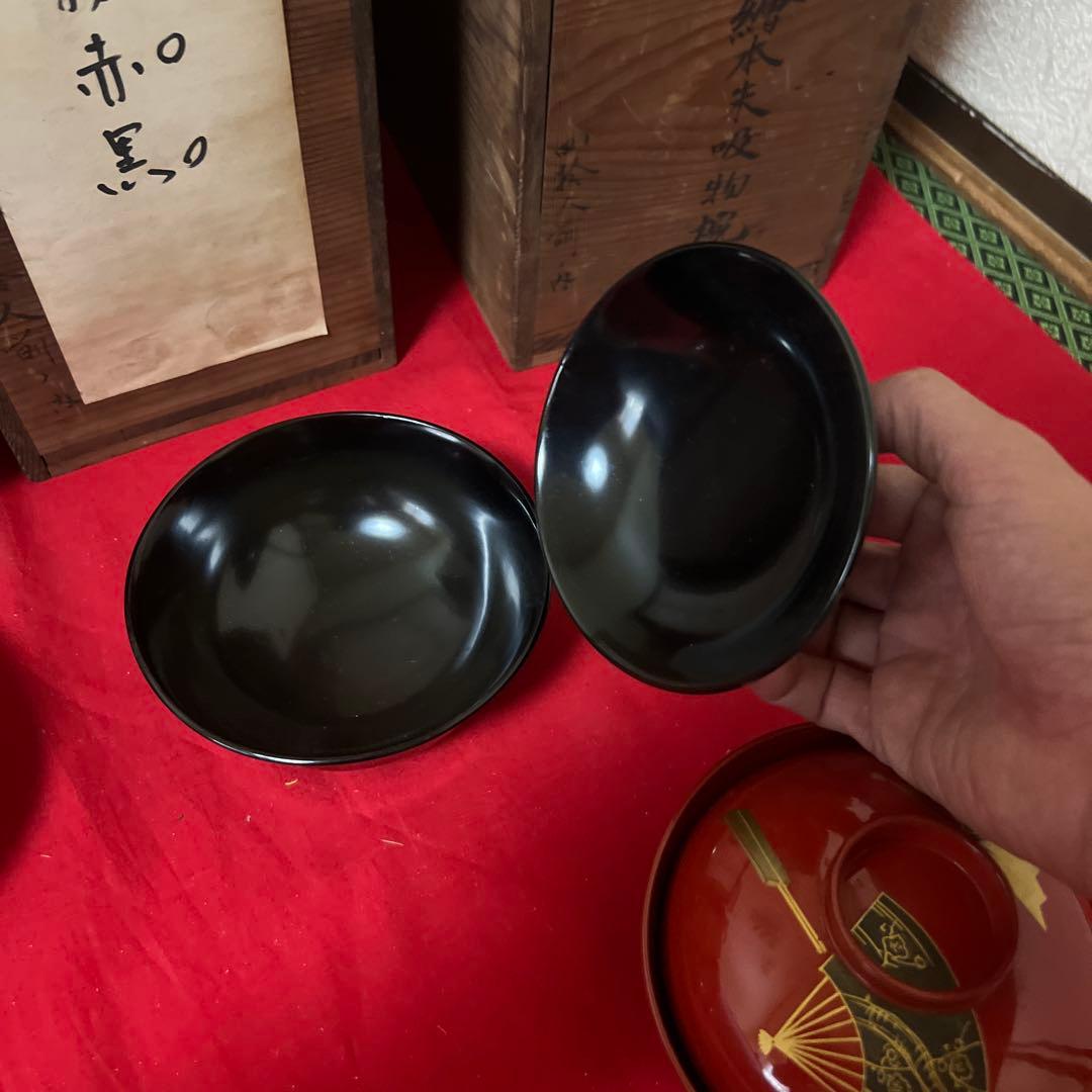 旧家蔵出　時代物 漆器 蒔絵 麦 黒 吸物椀 四箱