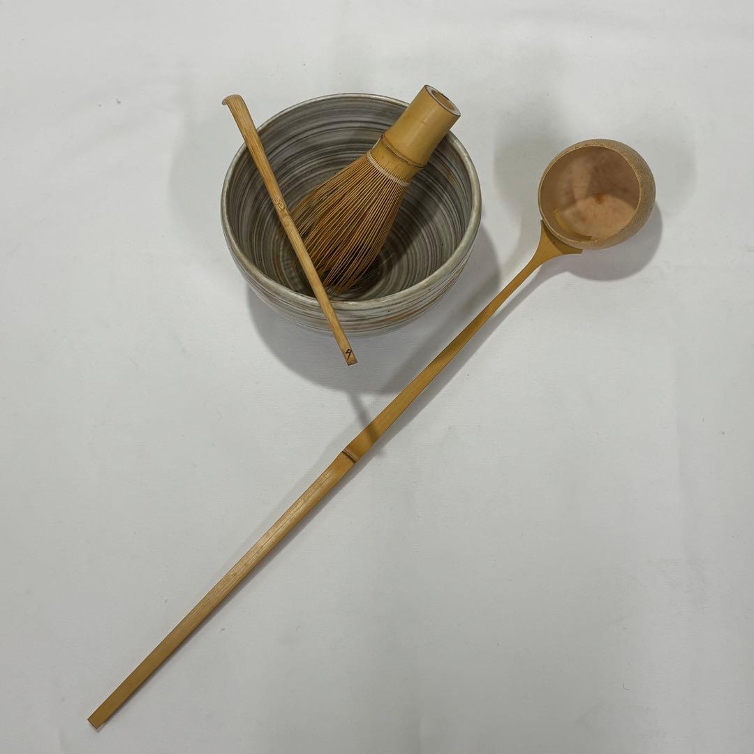 O7 茶道具一式 抹茶碗 茶筅 茶杓 柄杓 共箱付 久保良斎作 片桐家御用