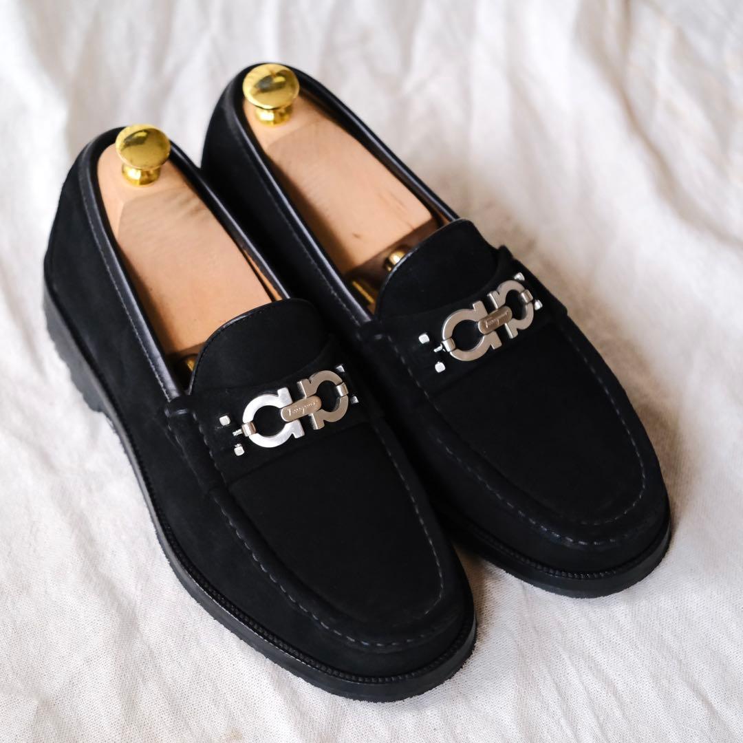 美品Ferragamo Salvatoreスエードガンチーニローファー黒6EE