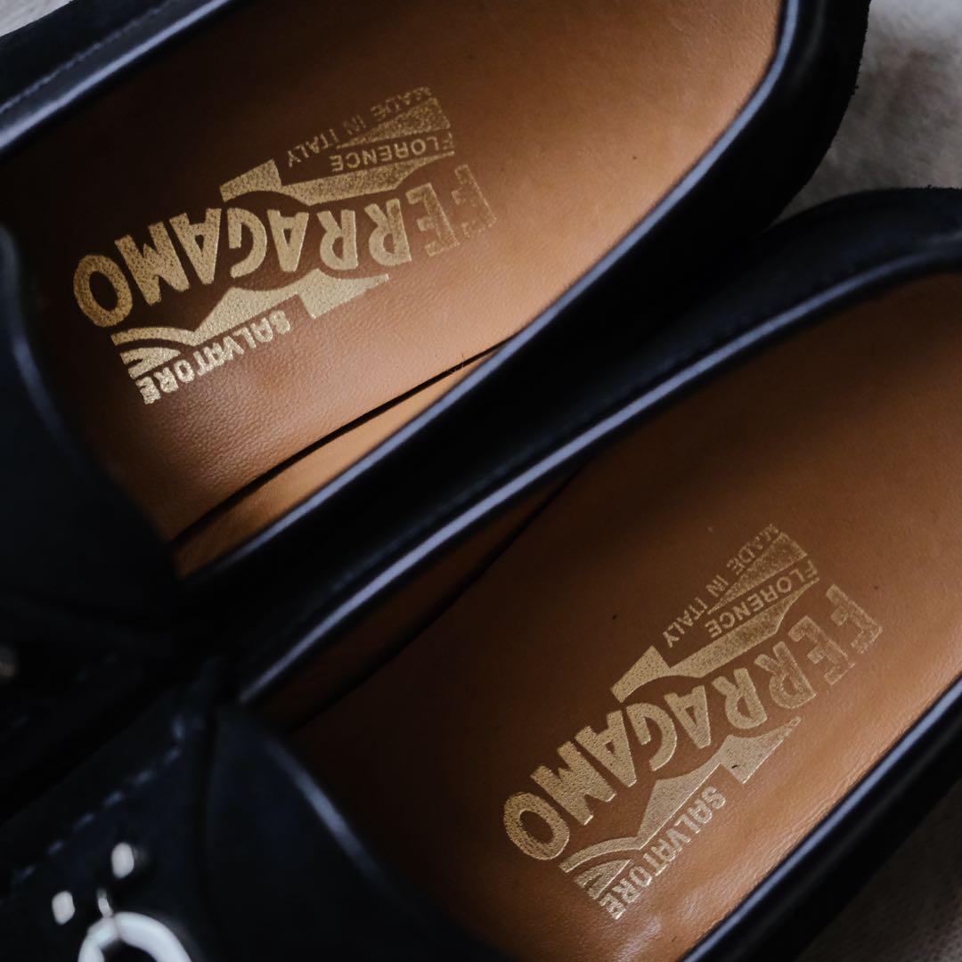 美品Ferragamo Salvatoreスエードガンチーニローファー黒6EE