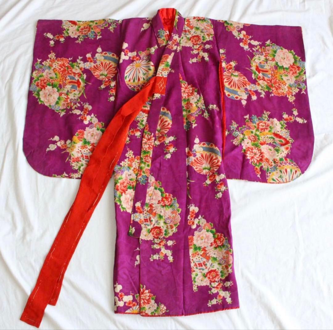 紫色 花柄 和服 七五三用