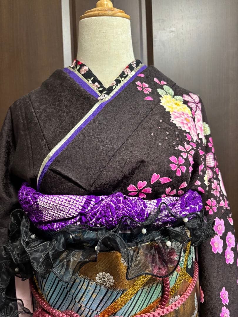 成人式振袖身丈160.5cm裄丈67cm雪輪 草花金糸金彩茶紫正絹美品セット中古