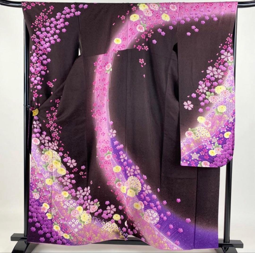 成人式振袖身丈160.5cm裄丈67cm雪輪 草花金糸金彩茶紫正絹美品セット中古