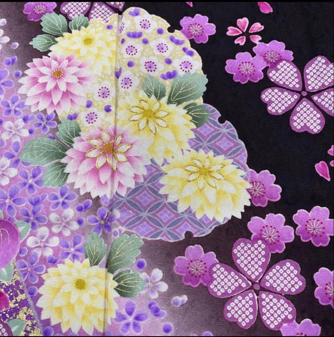 成人式振袖身丈160.5cm裄丈67cm雪輪 草花金糸金彩茶紫正絹美品セット中古