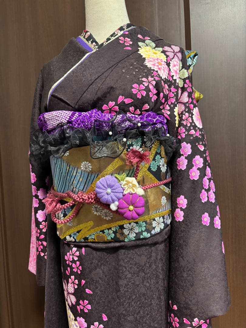 成人式振袖身丈160.5cm裄丈67cm雪輪 草花金糸金彩茶紫正絹美品セット中古