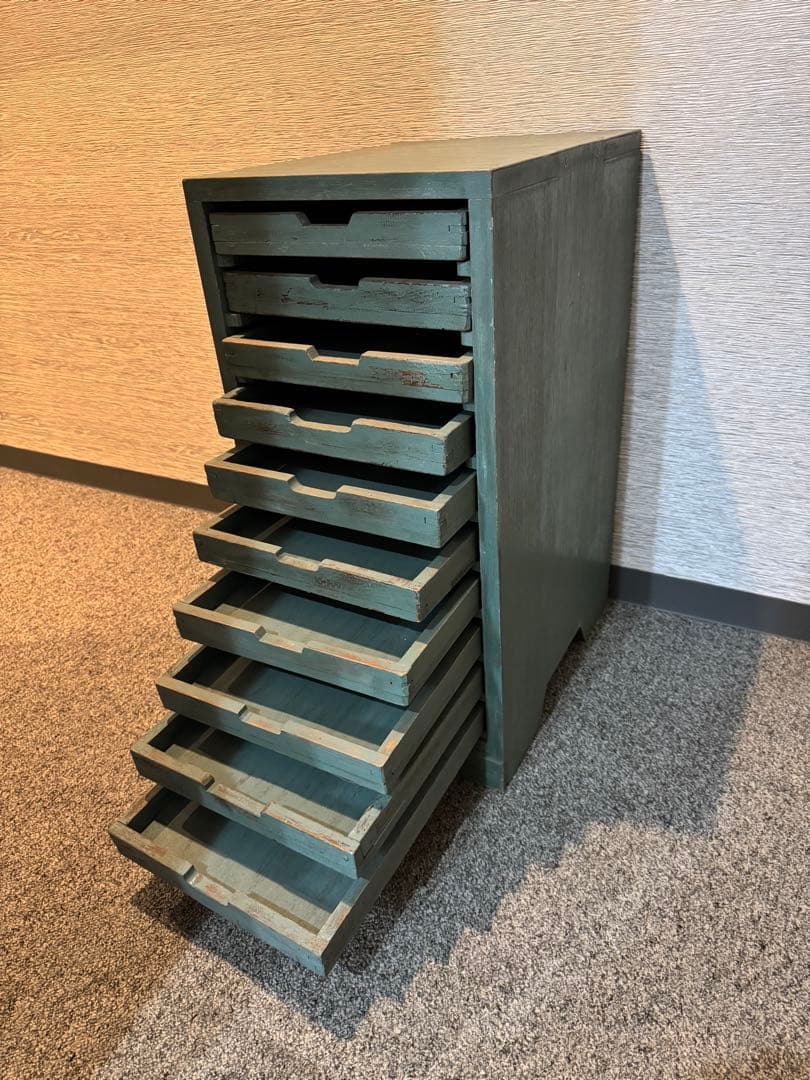 ビンテージ グリーン収納ボックス 木製10段引き出し レターケース 工具棚