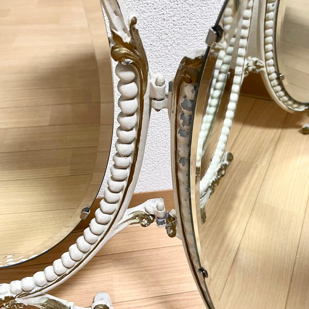アンティーク　ドレッシングミラー　三面鏡　オーバル　ミラー　ドレッサー　ホワイト