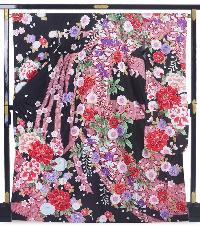 【化繊・仕立て上がり】 振袖 黒 モダン 古典 成人式 前撮り C910