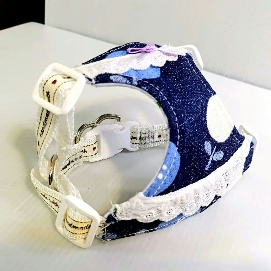 小型犬用 ハーネス Sサイズ ハンドメイド 北欧風 花柄 デニム