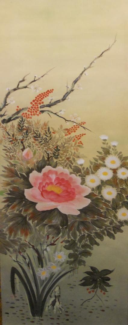 掛け軸 玉鳳 四季花 絹本 希少 軸装 茶道具 掛軸 美品 です。