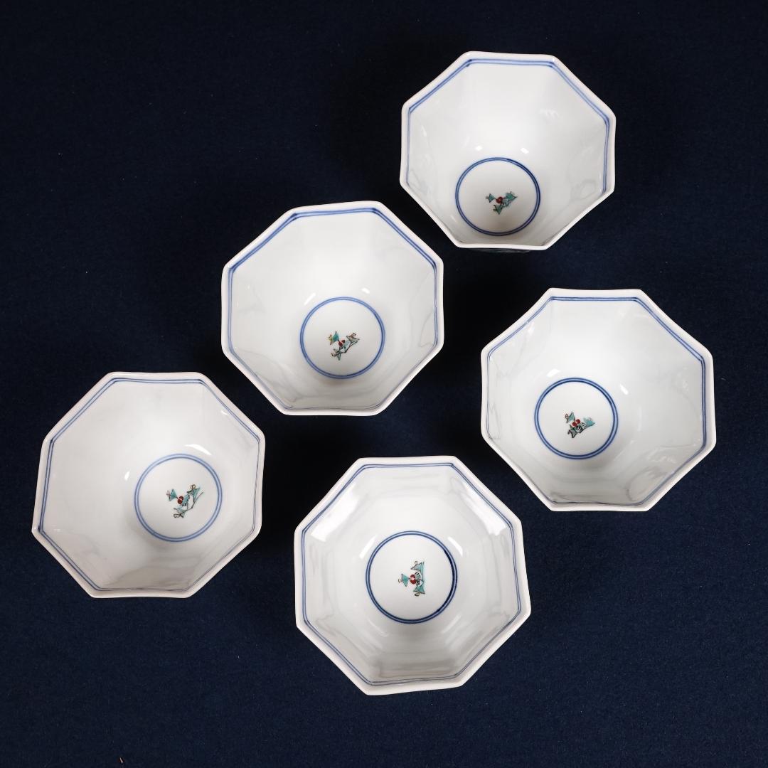 九谷焼 堀江青光 九谷聖城窯 牡丹割取 八角小鉢 5客 共箱