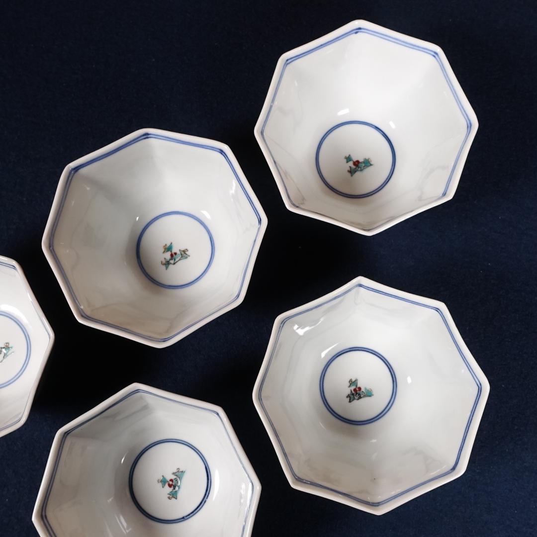 九谷焼 堀江青光 九谷聖城窯 牡丹割取 八角小鉢 5客 共箱