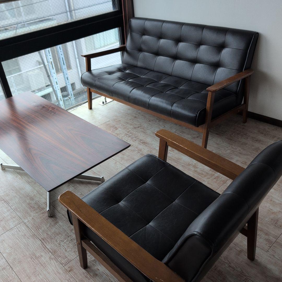 【明日まで割引】カリモクっぽい黒の合成皮革ソファセット