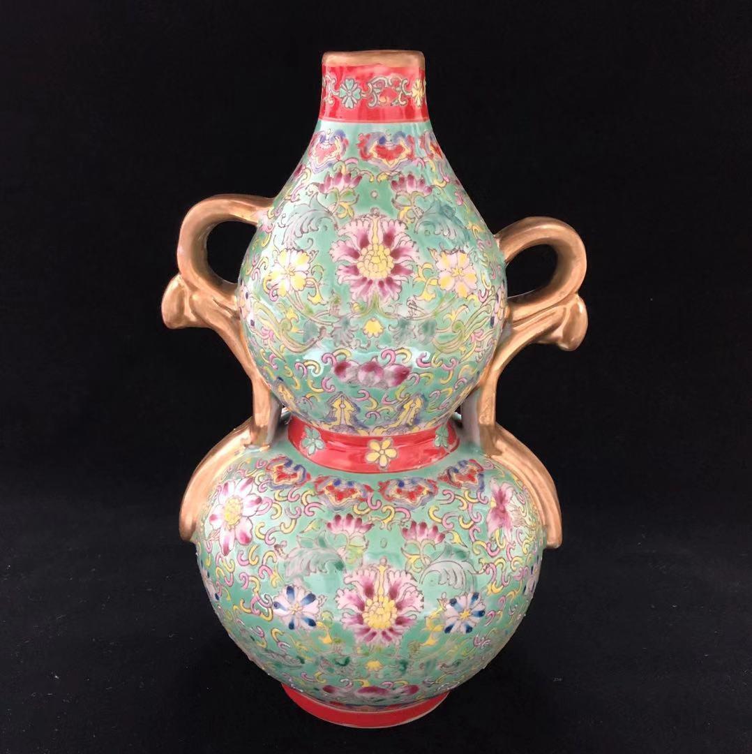 大清 乾隆 風水 ひょうたん瓶 高さ29CM 粉彩 骨董品 擺件 古賞物 陶磁器