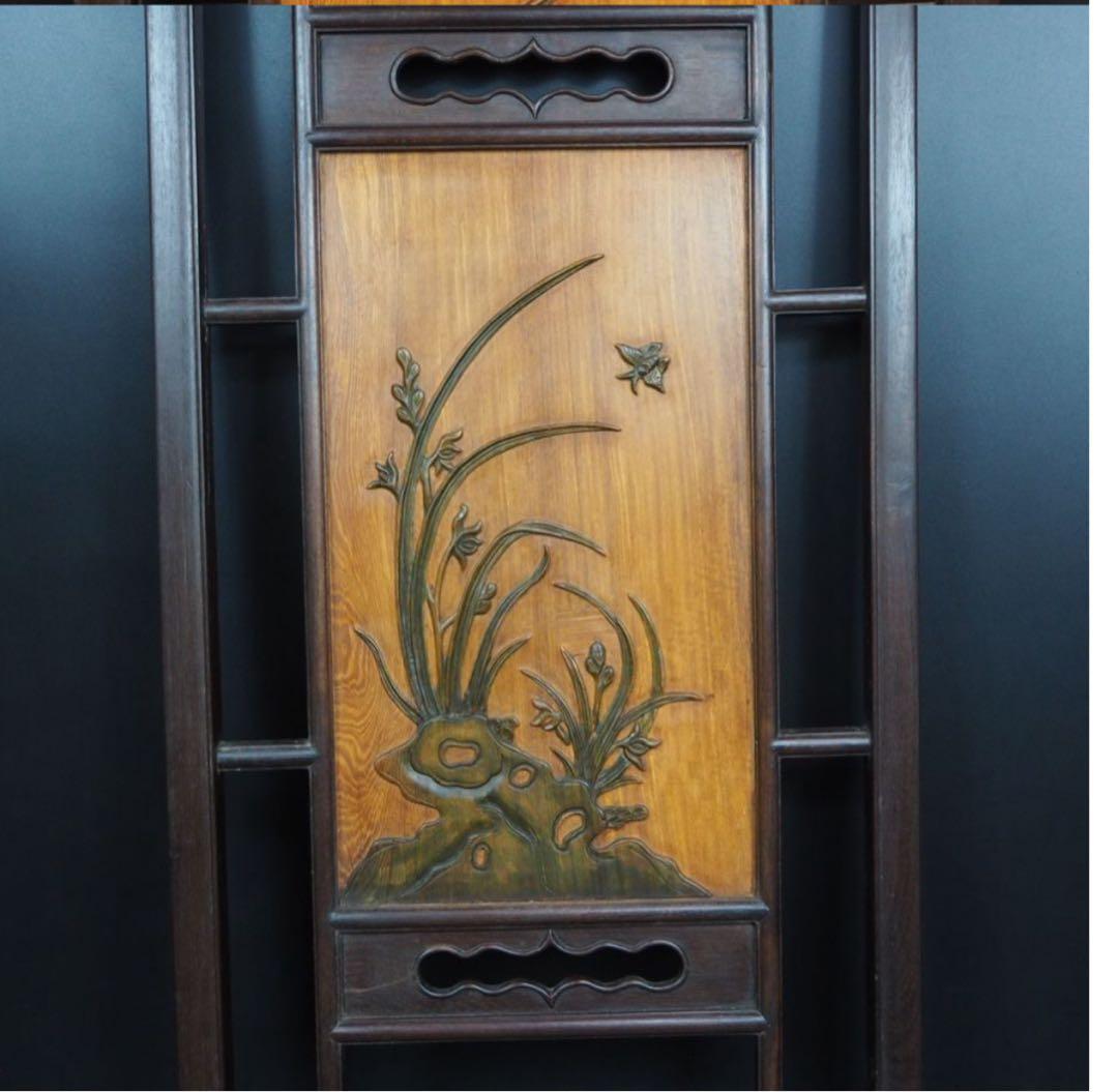 送料無料　清末～民国　唐木紅木鉄刀木　梅蘭竹菊四君子紋彫刻額　94×38ｃｍ