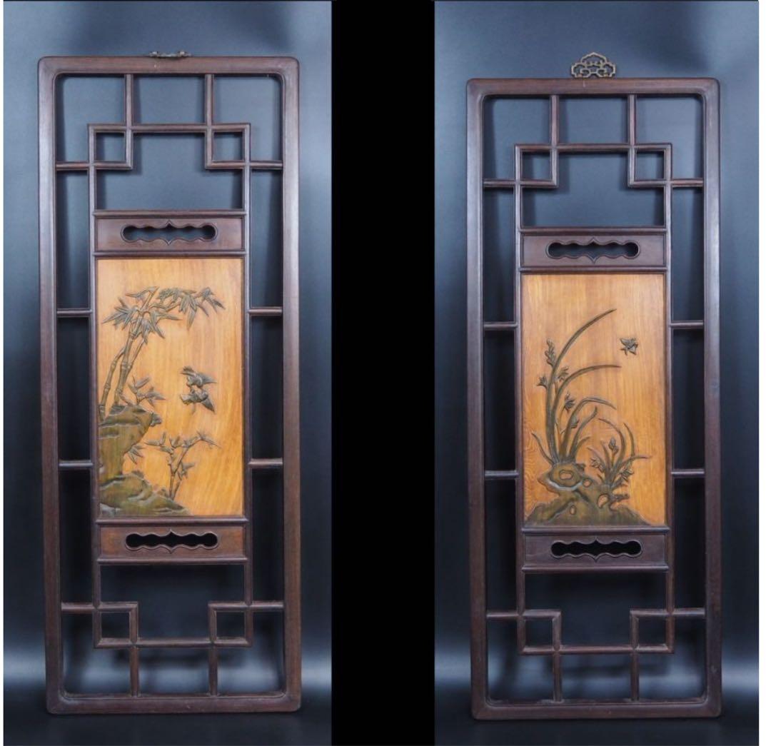 送料無料　清末～民国　唐木紅木鉄刀木　梅蘭竹菊四君子紋彫刻額　94×38ｃｍ