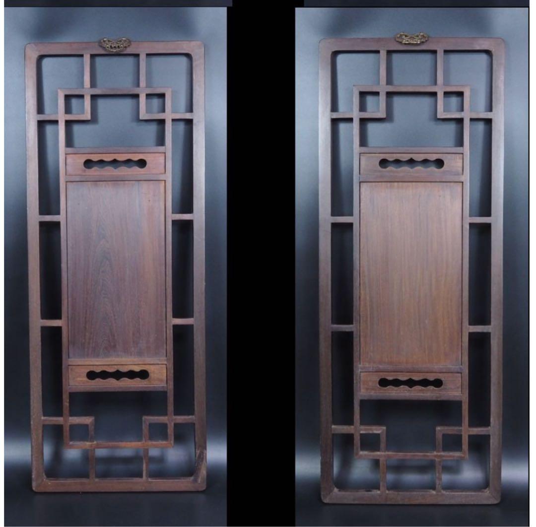 送料無料　清末～民国　唐木紅木鉄刀木　梅蘭竹菊四君子紋彫刻額　94×38ｃｍ