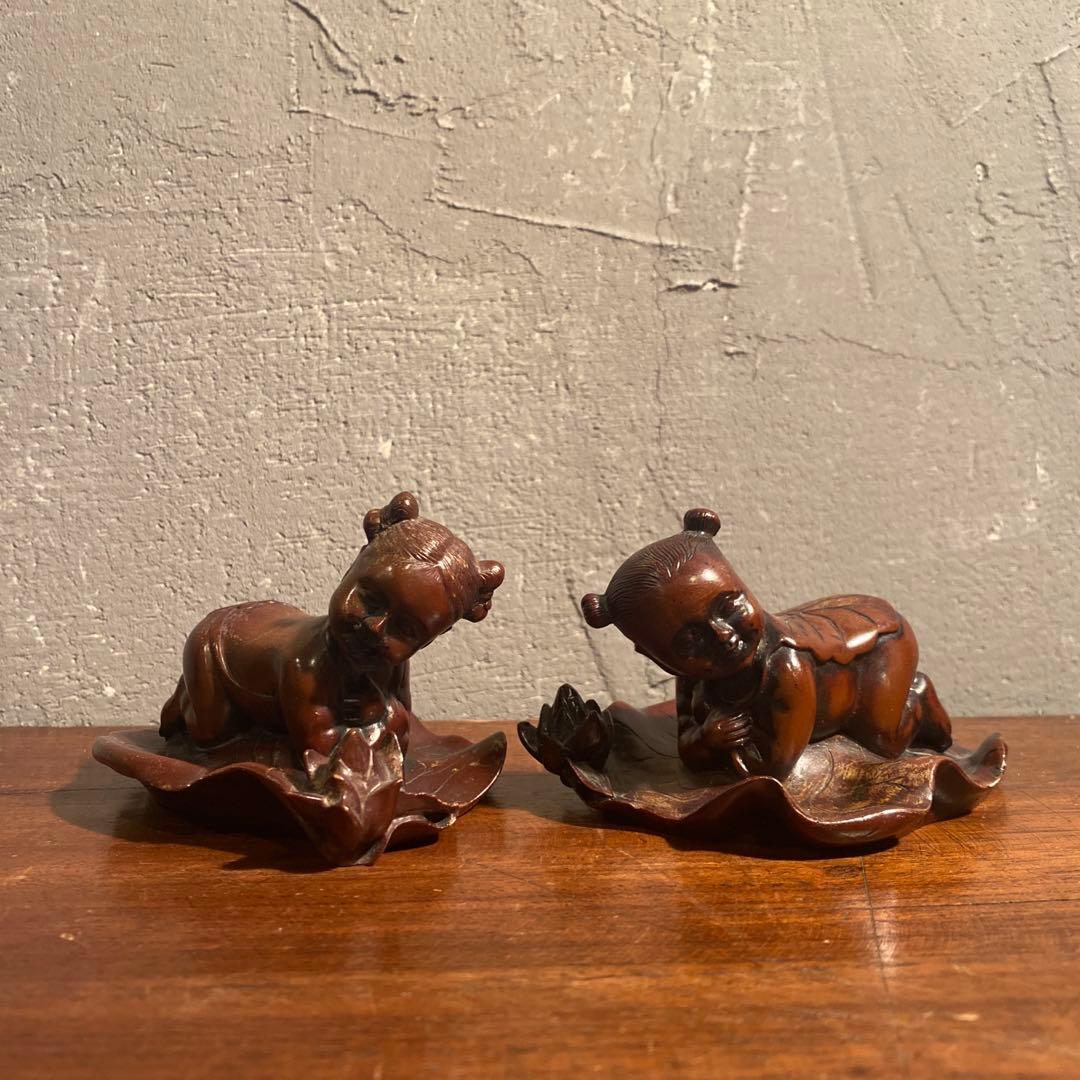 時代物 唐子 置物 蓮の葉 根付け オブジェ 骨董品 コレクション 練り物