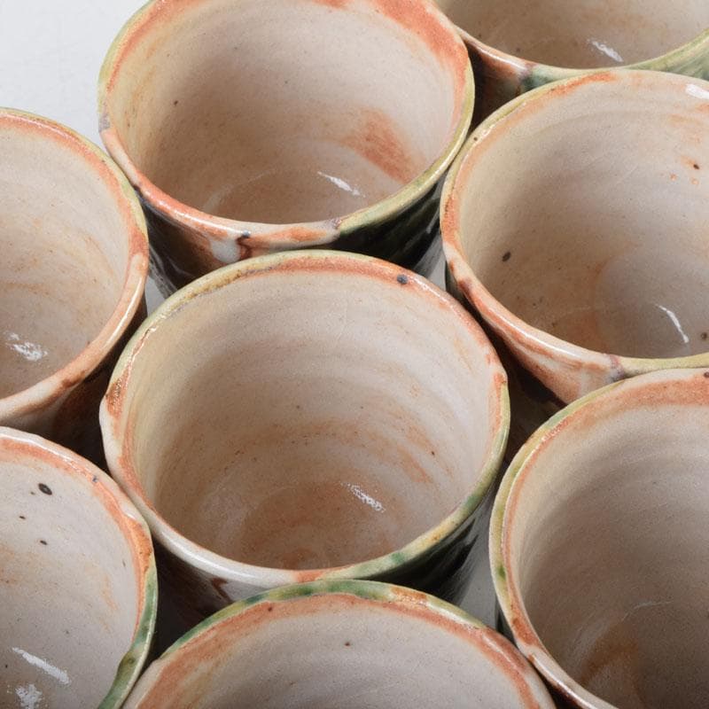 マサオ 煎茶道具　織部焼　煎茶碗　十客　陶印あり　時代箱　V　9069