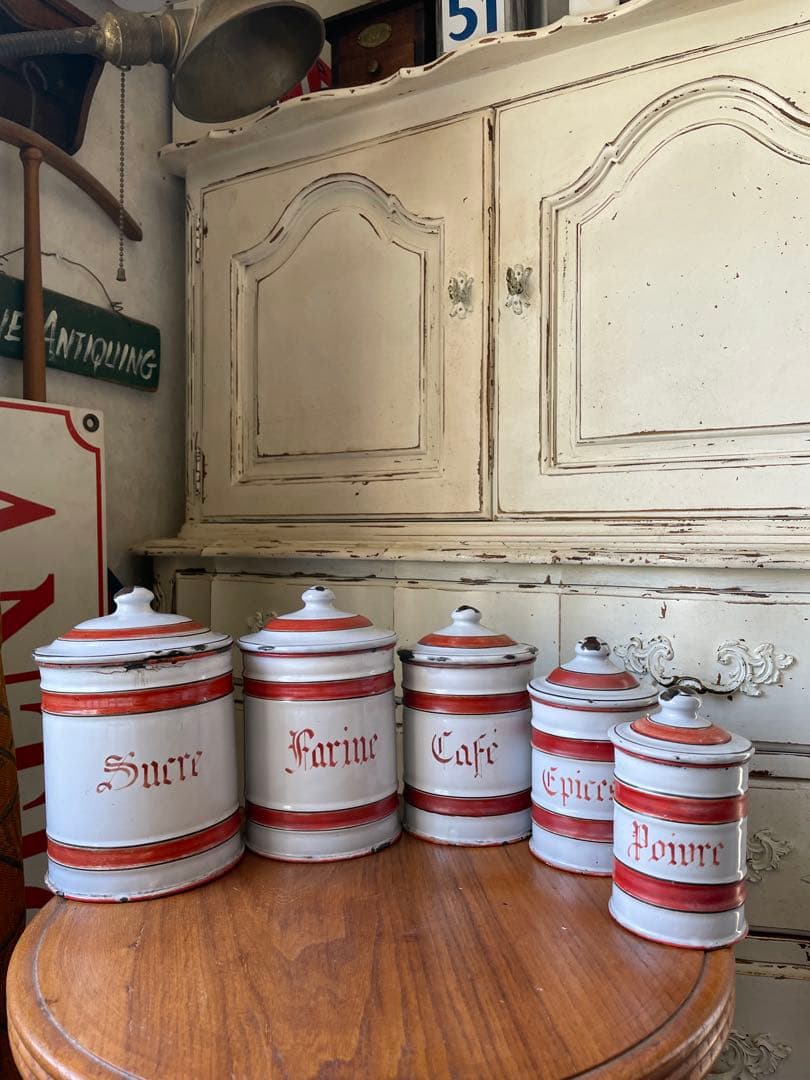 フランス　アンティーク　ホーロー　キャニスター　5個　ホワイト　レッド　ライン